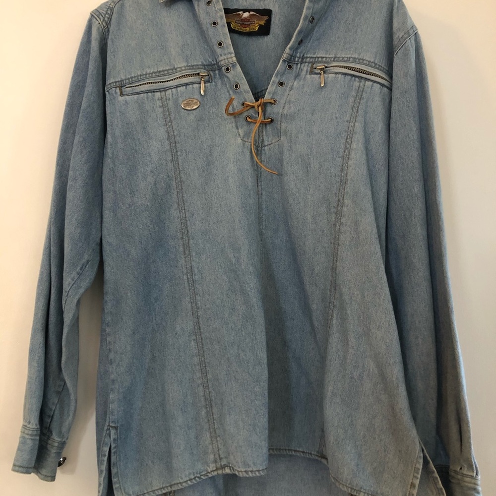 Harley Davidson denim shirt and shopping bag